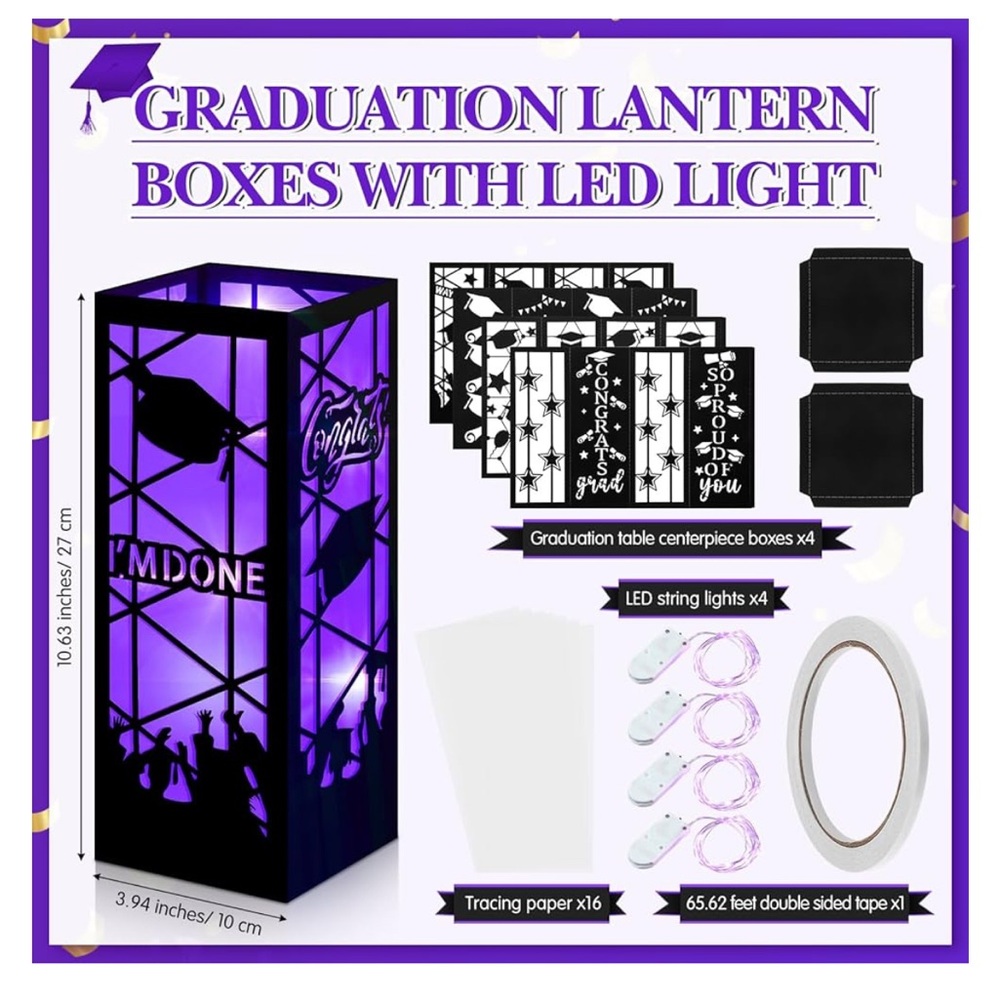 4 Pcs Graduation Table Centerpiece Boxes Table Lanterns with LED String Lights - Picture 2 of 6